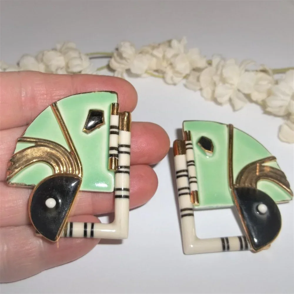 VINTAGE Earrings, Green Earrings, Porcelain Earrings, Art Deco Earring, 7691 - Picture 5 of 5